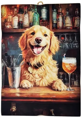 Image de Décoration murale en bois représentant un golden retriever barista avec un cocktail - Dimensions : 25 x 18 cm