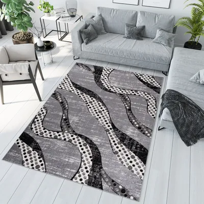 Produktbild von Teppich Wohnzimmer Schlafzimmer Kurzflor Modern Design Grau Schwarz Weiß Meliert  120 x 170 cm