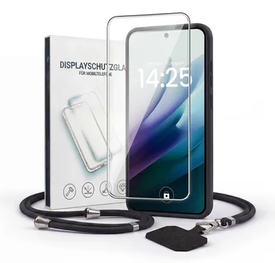 Produktbild von Handyhülle für Xiaomi Redmi 15 / 15 5G mit Handykette und 9H Displayglas Displayschutz Band Kordel Hülle Case Schutzhülle Schwarz