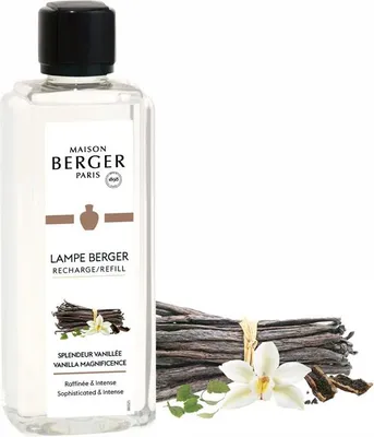 A bottle of Maison Berger Paris refill liquid with vanilla beans and a flower next to it.