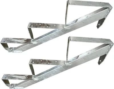 Two galvanized metal stair stringers with three steps each, shown against a white background.