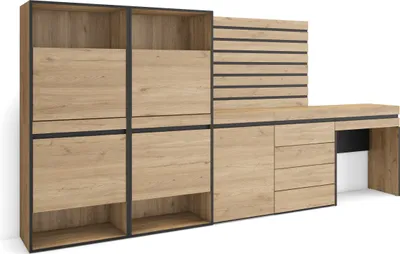 Produktbild von Schuhregal, Schuhschrank, 297x35x145 cm, Für Schlafzimmer, Kommode mit Schubladen, Lamellenwand Holz, Schminktisch, Eiche