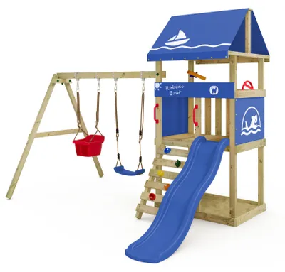 Produktbild von Spielturm Wickey DinkyHouse mit Schaukelanbau und Rutsche, aus Holz, blau