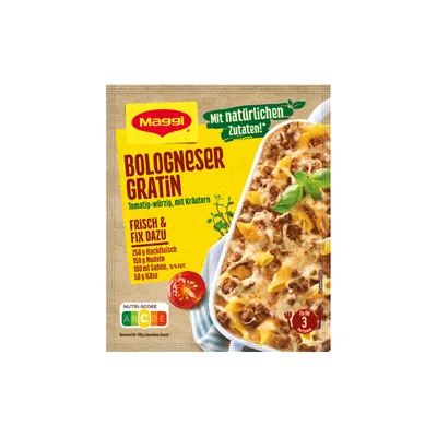 A package of Maggi Bologneser Gratin mix, with a prepared dish shown.