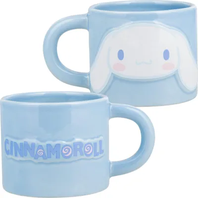 Two light blue ceramic mugs with Cinnamoroll designs.