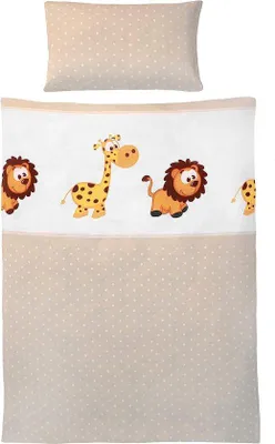 Obrázok produktu pre Detská posteľná bielizeň z bavlny, 2-dielna, s motívom zvierat, na zips, 100 % bavlna, plachta 135 x 100 cm, obliečka na vankúš 60 x 40 cm, žirafa a lev