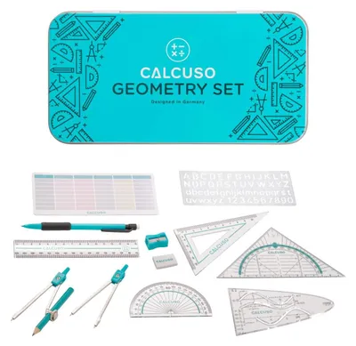 Produktbild von CALCUSO Geometrie Set 14-teilig – Metallbox mit Zirkel, Geodreieck & Lineal