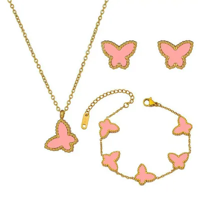 Produktbild von BWOOOWE Schmetterling Schmuck Set Damen Schmetterling Schmuckset Halskette Armband Ohrringe Halskette Armband Schmuck Set (Rosa)