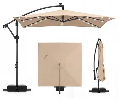Zdjęcie produktu dla Parasol COSTWAY 250 cm z podstawą, oświetleniem LED i korbą, parasol kwadratowy typu „traffic light”, parasol ogrodowy obracany o 360°, parasol targowy/tarasowy w kolorze brązowym