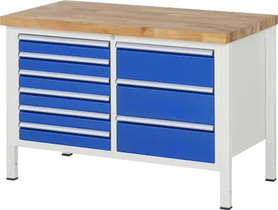 Produktbild von Werkbank mit 9 Schubladen - Teilauszug - 90:6 / 180:3 - 840 x 1.250 x 700 mm (HxBxT) - Traglast 1.250 kg - Buche