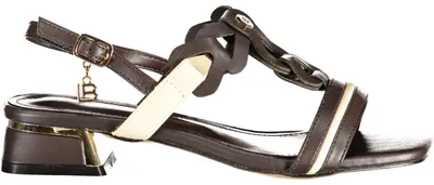 Produktbild von Braune Damensandalen mit verstellbarem Knöchelriemen und Logo