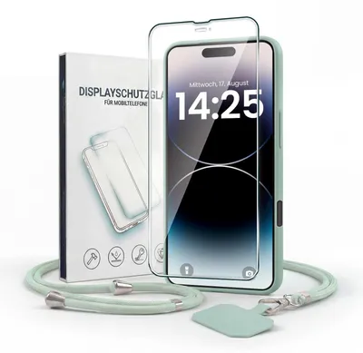 Produktbild von Handyhülle für Apple iPhone 16 Pro mit Handykette und 9H Displayglas Displayschutz Band Kordel Hülle Case Schutzhülle Türkis
