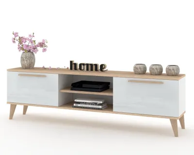 Produktbild von TV-Lowboard Fernsehschrank KING STEHEND MIT GRIFFEN Sonoma Eiche/Weiß Hochglanz 120cm