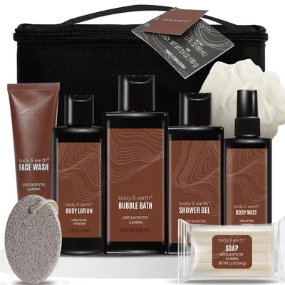 Image de Coffret cadeau pour hommes, senteur bois de santal, comprenant 8 produits : gel douche, mousse de bain, gommage, lait nettoyant, sels de bain, savon pour les mains, éponge de bain et sac