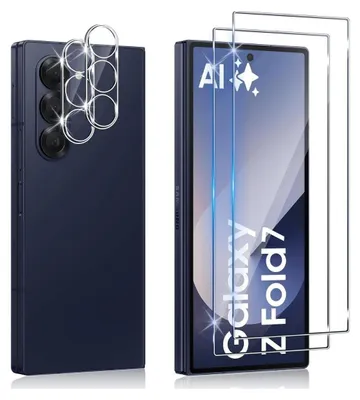 A dark blue smartphone with a camera lens protector and a screen protector are displayed side-by-side.