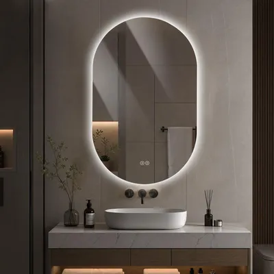 Immagine prodotto di Specchio da bagno a LED, 50x80 cm, forma ovale, senza cornice, antiappannamento, 3 tonalità di luce (argento)