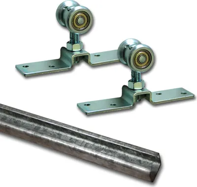 Two sliding door rollers and a section of track are shown against a white background.