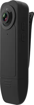 A black, compact, and portable surveillance camera with a clip on the back, shown against a white background.