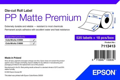 Obrázok produktu pre Epson PP Matte Label Premium, Die-cut Roll, 76mm x 51mm, 535 Labels, Biela, Samolepiaci štítok, Etiketa, Rolka, Inkjet, Akrylový