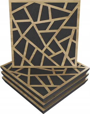 A stack of acoustic wall panels with a geometric wooden overlay on a dark fabric backing.