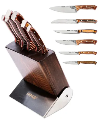 Produktbild von Pirge Elite Küchenmesser Set mit Block 7 TLG Edelstahl - Verbundholz Full Tang Messer Set mit Hainbuchenholz Block