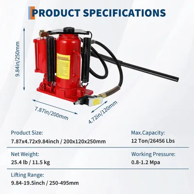 Zdjęcie produktu dla Pneumatyczno-hydrauliczny podnośnik butelkowy – 12 t, model 8002 – zakres podnoszenia 250–495 mm – napęd pneumatyczny/ręczny – żeliwo i aluminium – do samochodów osobowych, ciężarówek, SUV-ów, warsztatów