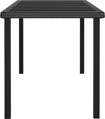 A black rattan garden dining table with black legs, shown from the front on a white background.