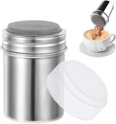 Produktbild von Puderzuckerstreuer, Kakaostreuer für Cappuccino, Edelstahl mit Deckel, Pulverstreuer mit 16 Kaffeemulden, Kaffeezubehör für heiße Schokolade