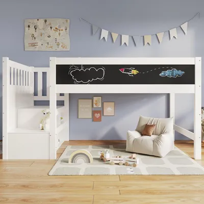 Immagine prodotto di okwish Letto a castello 90x200 cm, piano bianco e nero, contenitore e barriera anticaduta, griglia a doghe (bianco)
