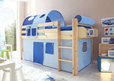 Produktbild von Hochbett "Malte" Kiefer Natur Classic (Hellblau-Dunkelblau)