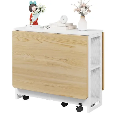 Image de Table de salle à manger pliante avec ailes pliantes pour les petits espaces avec 4 étagères bureau extensible table pliante pour la cuisine et le bureau blanc