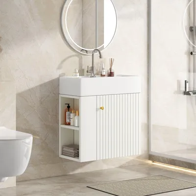Obrázek produktu pro Koupelnový nábytek pro WC pro hosty, 55 cm: Umyvadlo se závěsnou toaletní skříňkou v bílé barvě