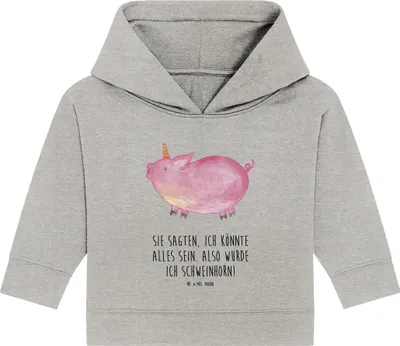 Produktbild von Mr. & Mrs. Panda Organic Baby Hoodie Einhorn Schwein 24. - 36. Monat - Heather Grey - Geschenk, Unicorn, Englisch, Kapuzenshirt, Kapuzensweatshirt, Einhörner, Bauer