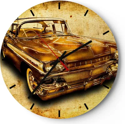 Produktbild von Wanduhr - Rund - Glasuhr - Auto klassisch Limousine Geschwindigkeit - 30x30cm - Schleichendes Uhrwerk - Lautlos - zum Aufhängen bereit - Dekoration Modern - Wanddekoration aus Glas - C3AR30x30-0526