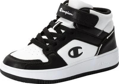 A single black and white Champion mid-top sneaker is shown from a side-front angle against a white background.