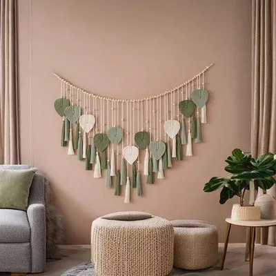 Productafbeelding van Ibenzoa® Macramé wanddecoratie, gemaakt van puur katoenen touw, handgemaakt met een houten stok en franjes, geometrisch boho-design, verkrijgbaar in de maten 25 x 110 cm of 50 x 110 cm