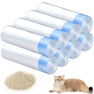 Image de Sacs pour litière pour chats, résistants à la déchirure, 8 rouleaux, 160 sacs, avec cordon de serrage, pour litières autonettoyantes