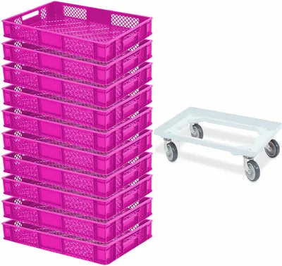 A stack of pink plastic crates and a white transport roller on a white background.
