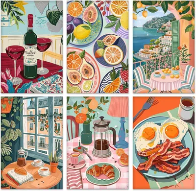 Productafbeelding van Set van 6 schilderen op nummer, gespannen canvasborden om te schilderen voor volwassenen, acrylolieverfschilderij voor scholieren en beginners