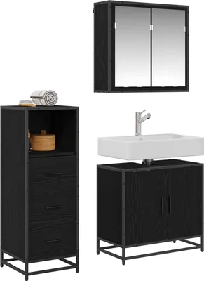 Image de Ensemble de meubles de salle de bain vidaXL, 3 pièces, finition imitation chêne noir, 65 x 33 x 60 cm
