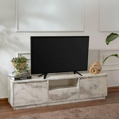 Image de Morrigan - Meuble TV, 160x30x42h cm Blanc Marbre, une Étagère