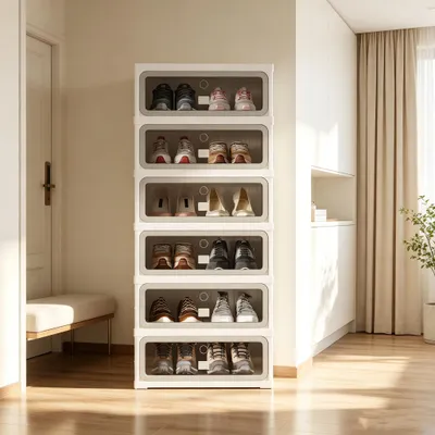 Zdjęcie produktu dla Szafka na buty INONEFT z drzwiczkami, pojemnik na buty, 6 przegródek, zamykana magnetycznie, składana, z półką na górze, wymiary: 45x34x106 cm, kolor: biały