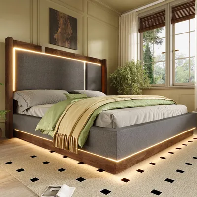 Produktbild von okwish Polsterbett 140×200 mit LED und Hydraulik,Jugendbett mit Bettkasten und Lattenrost ,Einzelbett in Grau,ohne Matratze