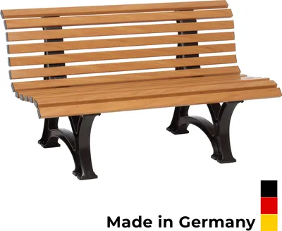 A wooden park bench with black metal legs against a white background, with a "Made in Germany" label and German flag colors at the bottom right.