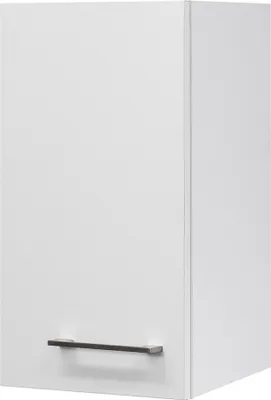 A white kitchen cabinet with a silver handle.