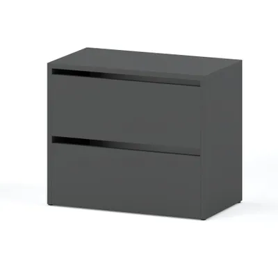 A dark gray, two-drawer cabinet against a white background.