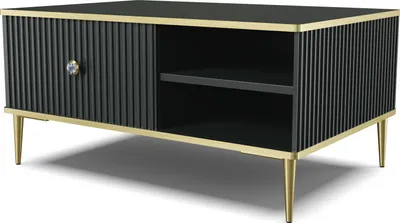 Obrázek produktu pro Konferenční stolek PETRA 90x60 cm BLACK MATT se zlatými kovovými nohami Konferenční stolek Konferenční stolek do obývacího pokoje, moderní styl, se skrytým úložným prostorem, se zásuvkou, policemi