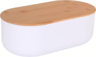 Zdjęcie produktu dla Biały chlebak z tworzywa sztucznego, bambusowa pokrywa, 35 x 19 x 12 cm