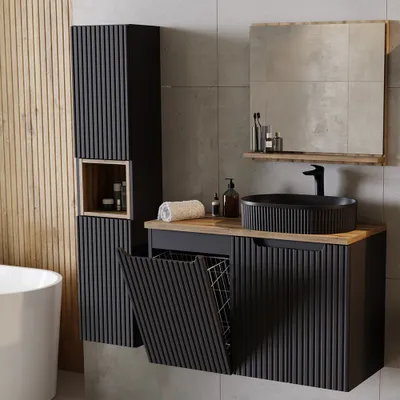 A modern bathroom vanity set with a sink and storage cabinets.