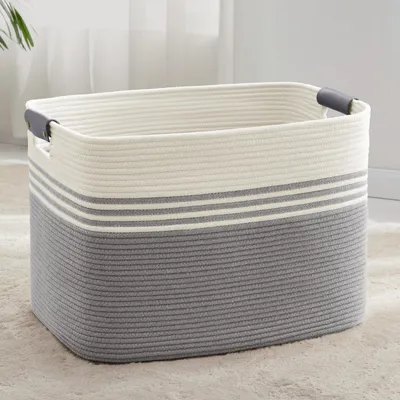 Produktbild von Wäschekorb Geflochten Groß 100L Baumwollseil mit Lederhenkeln Weiß/Grau 60x40x40cm
